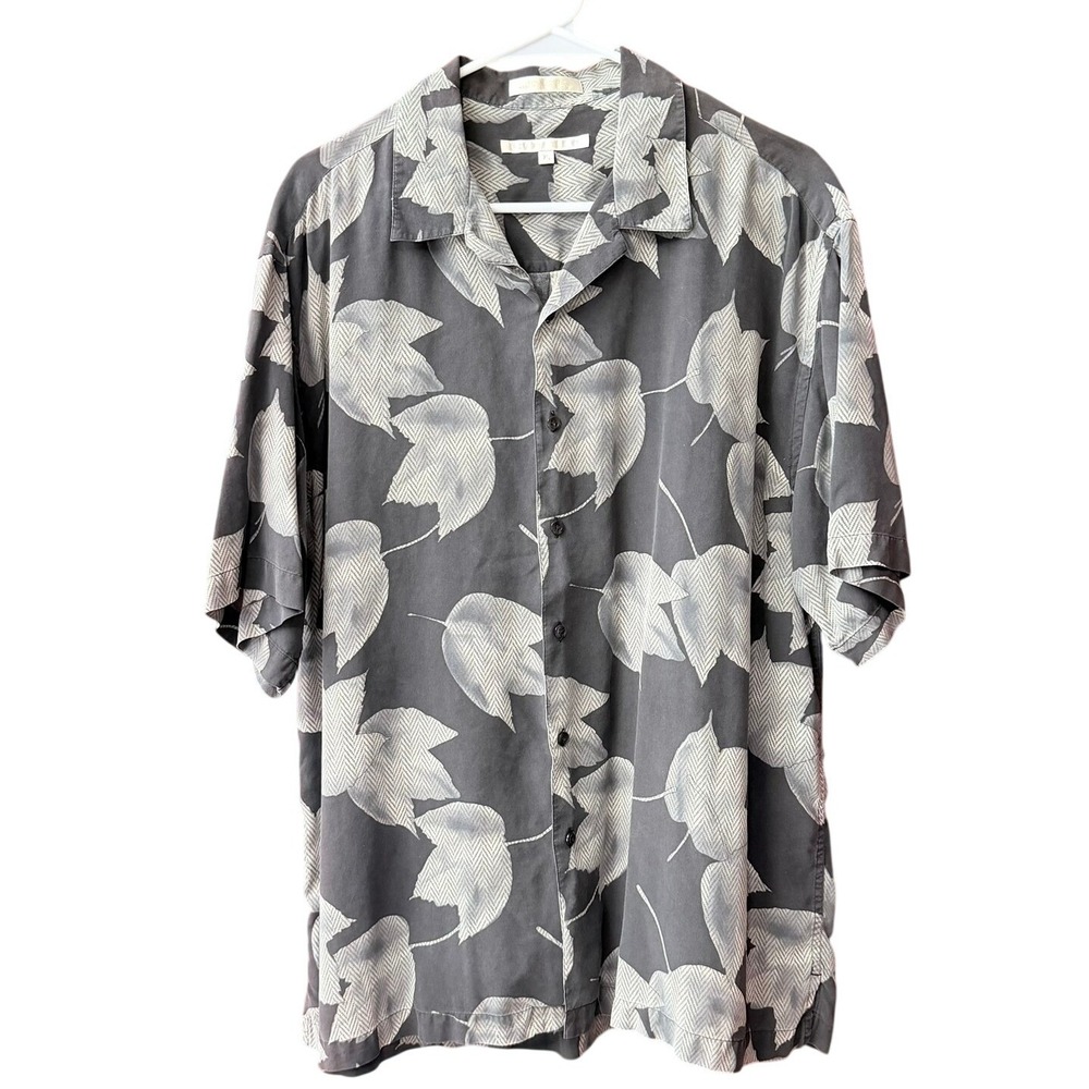 Perry Ellis Button Down Shirt Mens XL Grey Leaf Print 100% Silk Short Sleeve - Picture 1 of 5
